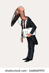 Marabou character. Bird man or Lawyer in a classic office suit with documents. Hand drawn fashionable stork. Engraved old monochrome sketch.