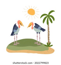 Marabou couple standing on the beach. Marabou stork bird in the landscape. Cute african birds for children. Vector flat illustration.