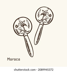 Maraca. Ink black and white doodle drawing in woodcut style with inscription.