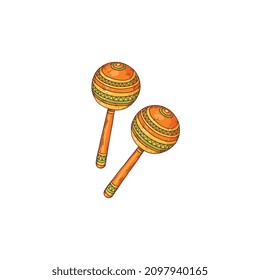 Maraca musical instrument in colored sketch style, vector illustration isolated on white background. Hand drawn rumba shaker for traditional latin music and sounds.