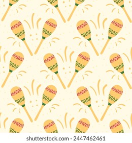 Maraca nahtloses Muster. Mexikanische Musikwerkzeuge wiederholen Hintergrund. Festival traditionelles Accessoire Endloscover. Schlichte Loop-Ornamente. Vektorgrafik flache handgezeichnete Illustration.