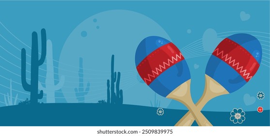 Maracas against the background of the desert with cacti and the setting sun. Blue mexican background, banner with empty space for text