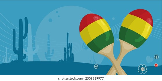 Maracas sobre el fondo del desierto con cactus y el sol poniente. Fondo mexicano azul, Anuncio con espacio vacío para el texto