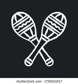 Maracas chalk white icon on black background. Traditional musical instrument for ethnic festival. Crossed shakers for band performance. Rhythm percussion. Isolated vector chalkboard illustration