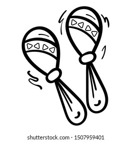 Maracas. Coloring page, Coloring book. Contour. Percussion musical instrument: beanbag, rumba shaker. Cartoon style, vector. Decorative maracas, musical instrument. Vector illustration isolated. 