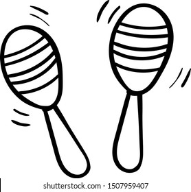 Maracas. Coloring page, Coloring book. Contour. Percussion musical instrument: beanbag, rumba shaker. Cartoon style, vector. Decorative maracas, musical instrument. Vector illustration isolated. 