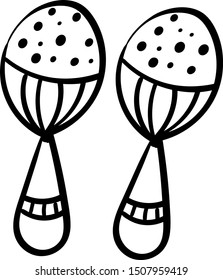 Maracas. Coloring page, Coloring book. Contour. Percussion musical instrument: beanbag, rumba shaker. Cartoon style, vector. Decorative maracas, musical instrument. Vector illustration isolated. 
