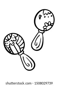 Maracas. Coloring page, Coloring book. Contour. Percussion musical instrument: beanbag, rumba shaker. Cartoon style, vector. Decorative maracas, musical instrument. Vector illustration isolated. - Vec