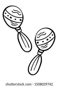 Maracas. Coloring page, Coloring book. Contour. Percussion musical instrument: beanbag, rumba shaker. Cartoon style, vector. Decorative maracas, musical instrument. Vector illustration isolated. - Vec