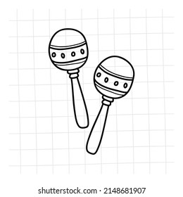 Maracas. Coloring page, Coloring book. Contour. Percussion musical instrument: beanbag, rumba shaker. Cartoon style, vector. Decorative maracas, musical instrument. Vector illustration isolated.