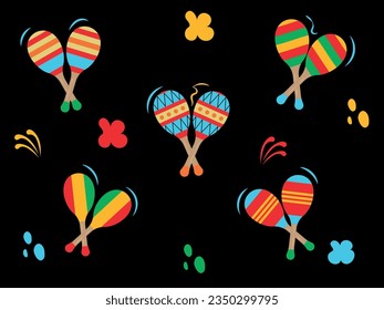 Maracas of different colors. Set of maracas on a black background. Flat vector illustration