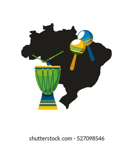 maracas and drum instrument of brazil musical culture over country map and white background. colorful design. vector illustration