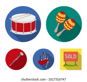Maracas, drum, Scottish bagpipes, clarinet. Musical instruments set collection icons in flat style vector symbol stock illustration web.