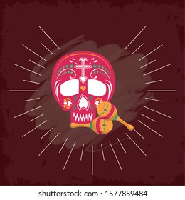 maracas and head skull mexican culture vector illustration design