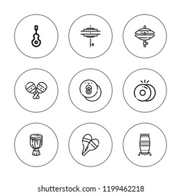 Maracas icon set. collection of 9 outline maracas icons with conga, cymbals, djembe, instrument, maraca icons. editable icons.