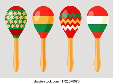 Maracas-Ikone. Set mexikanische Maracas mit Ziergegenständen. Musikinstrument. Vektorgrafik.