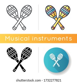 Maracas icon. Traditional musical instrument for ethnic festival. Crossed shakers for band performance. Rhythm percussion. Linear black and RGB color styles. Isolated vector illustrations