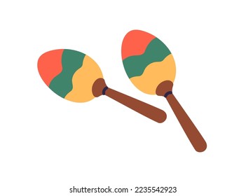 Maracas, instrumento de percusión latinomexicano para temblar. Pareja de agitadores de madera, dos campanas de etnia brasileña con asas. Ilustración vectorial plana aislada en fondo blanco.