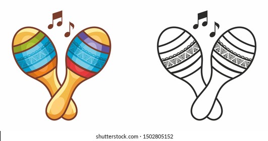 Maracas. Maraca. Percussion musik Instrument Maraca. Percussion. Rhythm percussion. Musical toy. Design elements set. Black and color vector illustration for coloring book. Outline silhouette line.