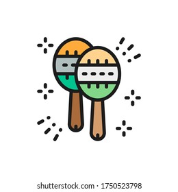 Maracas, mexican musical instruments, rattles flat color line icon.