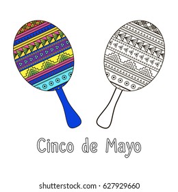 Maracas with Mexican pattern. Coloring for children or adults. Celebration Cinco de Mayo.