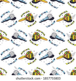 Maracas and microphones. Seamless pattern on a white background. Cute vector illustration.