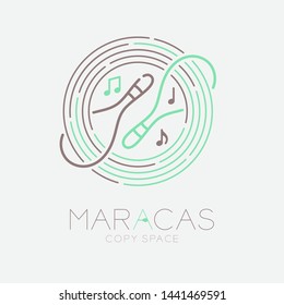 Maracas, music note with line staff circle shape logo icon outline stroke set dash line design illustration isolated on grey background with saxophone text and copy space