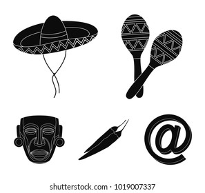 Maracas national musical instrument, sambrero traditional Mexican headdress, red pepper, bitter, idol-deity.Mexico country set collection icons in black style vector symbol stock illustration web.