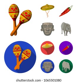 Maracas national musical instrument, sambrero traditional Mexican headdress, red pepper, bitter, idol-deity.Mexico country set collection icons in cartoon,flat style vector symbol stock illustration