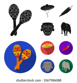 Maracas national musical instrument, sambrero traditional Mexican headdress, red pepper, bitter, idol-deity.Mexico country set collection icons in black, flat style vector symbol stock illustration