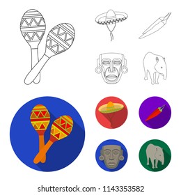 Maracas national musical instrument, sambrero traditional Mexican headdress, red pepper, bitter, idol-deity.Mexico country set collection icons in outline,flat style vector symbol stock illustration