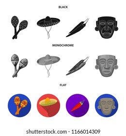 Maracas national musical instrument, sambrero traditional Mexican headdress, red pepper, bitter, idol-deity.Mexico country set collection icons in black, flat, monochrome style vector symbol stock