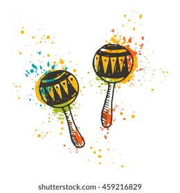 Maracas on the watercolor splash. Musical instrument. Hand drawn vector illustration. T-shirt, poster, banner, badge, sticker, placard, label, logo, emblem, icon, symbol, tag, mark