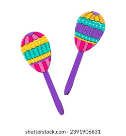 Maracas. Percussion shaker musical instrument. Rattle, a symbol of Latin American music, Mardi Gras, Brazilian carnival. Flat decorative element. Vector illustration highlighted on a white background.