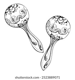 Maracas rattle pair, instrumento musical sul-americano do Caribe mexicano, indie folk étnico. Ilustração de vetor de tinta desenhada à mão. Elemento isolado único. Desenhar álbum de concertos, entretenimento, festival