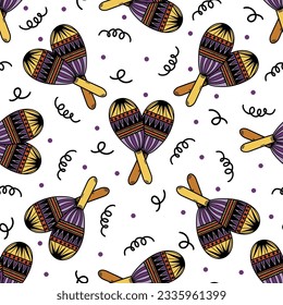 Maracas seamless vector pattern. Mexican folk musical instrument for carnival, fiesta, Festa Junina, Cinco de Mayo. Wooden accessory for holidays, bright confetti. Cartoon background for print, web