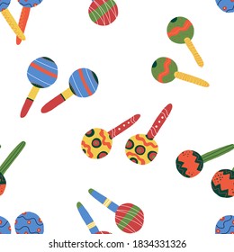 Maracas seamless vector pattern for textile, fabric, cloth print, coverage, wrapping paper and other design. Various traditional Mexican musical shakers on isolated background.