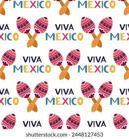 Maracas seamless vector pattern. Wooden musical instrument with colorful ornament, handle. Viva Mexico, shakers for celebrating carnival, fiesta. Percussion noise instrument, funny cartoon background