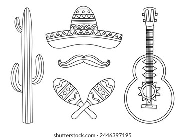 Maracas and Sombrero hat with guitar and cactus on white background. Set line illustrations mexican music elements