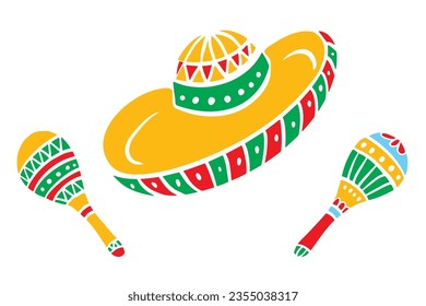 Maracas and sombrero vector illustration silhouette. Mexican party, mexico latin fiesta decorative elements. Symbol of spanish festival for cards, poster, invitation design.