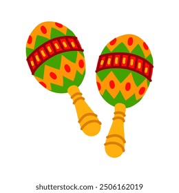 Maracas con una variedad de patrones y colores brillantes. Ilustración plana de Vector aislada sobre un fondo blanco. Un instrumento musical mexicano para tocar. Instrumento de percusión