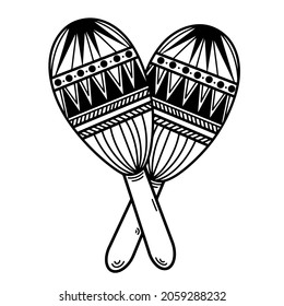 Maracas vector icon. Hand drawn doodle. Black silhouette of a musical instrument. Wooden shaker. Concept for decoration, design of music festivals, events, carnival. Crossed maracas on white.