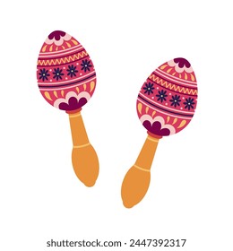 Maracas vector icon. Pair of wooden musical instruments with colorful patterns, handles. Mexican or Brazilian shakers for celebrating carnival, party. Percussion noise instrument. Hand drawn doodle