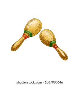 Maracas. Vector vintage hatching color illustration. Isolated on white