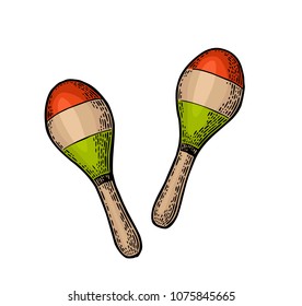 Maracas. Vintage color engraving illustration for poster, web. Isolated on white background.