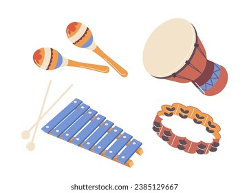 Maracas, xylophone, ethnic drum, tambourine percussion musical instrument isolated set on white