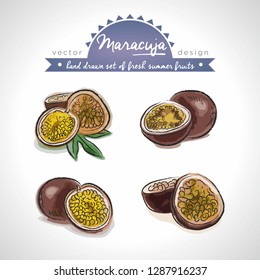 Maracuja. Hand drawn collection of vector sketch detailed fresh fruits. Isolated	