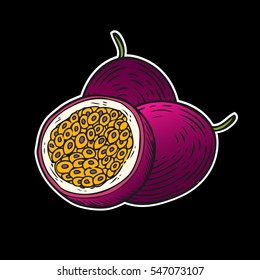 Maracuja passion fruit, bunch. Organic nutrition healthy food. Engraved exotical hand drawn vintage retro vector maracuja illustration. Tropical fruit Isolated on black background