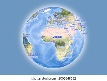 Maradi-Niger is shown on vector globe map. The map shows Maradi-Niger 's location in the world.