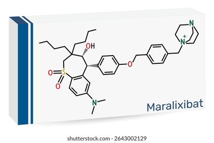 Maralixibat molecule. IBAT inhibitor used for treatment of cholestatic pruritus. Skeletal chemical formula. Paper packaging for drugs